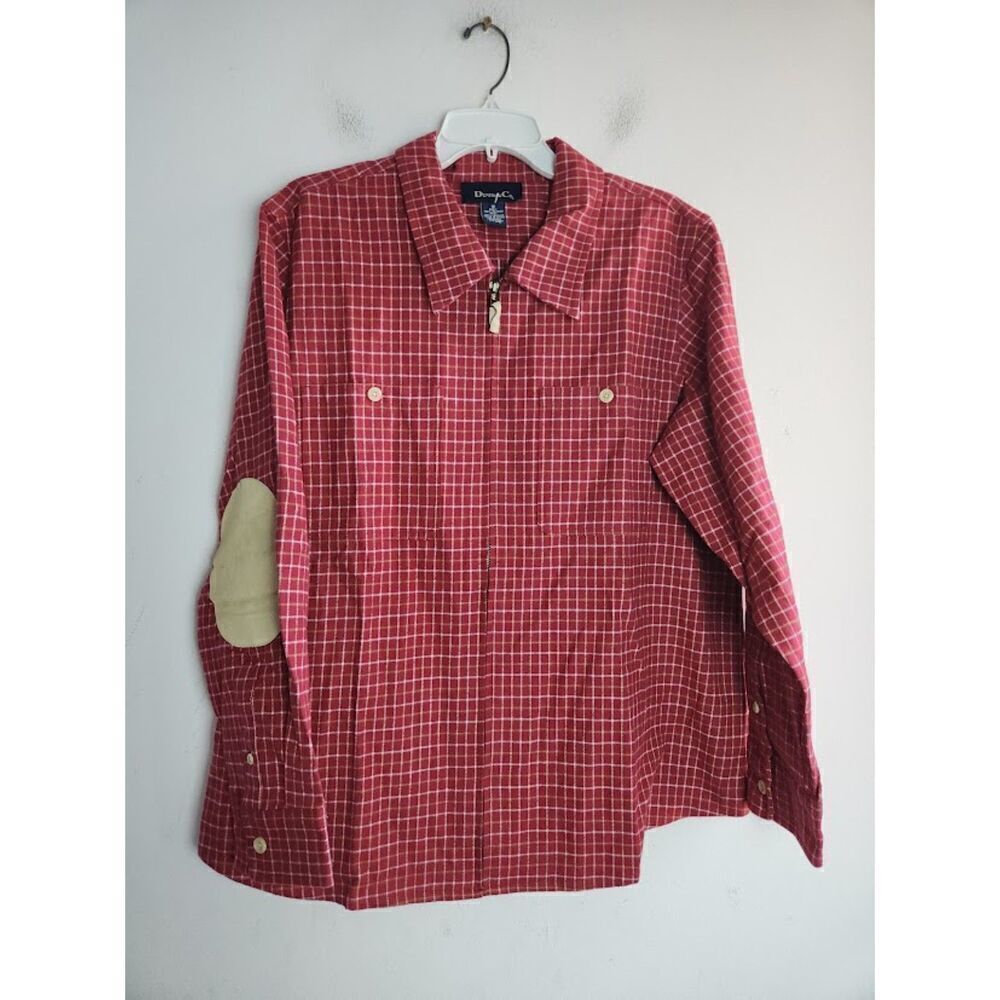 Denim & Co. Women Red White Plaid w/Leather Trim Full Zip Cotton Shacket size 1X